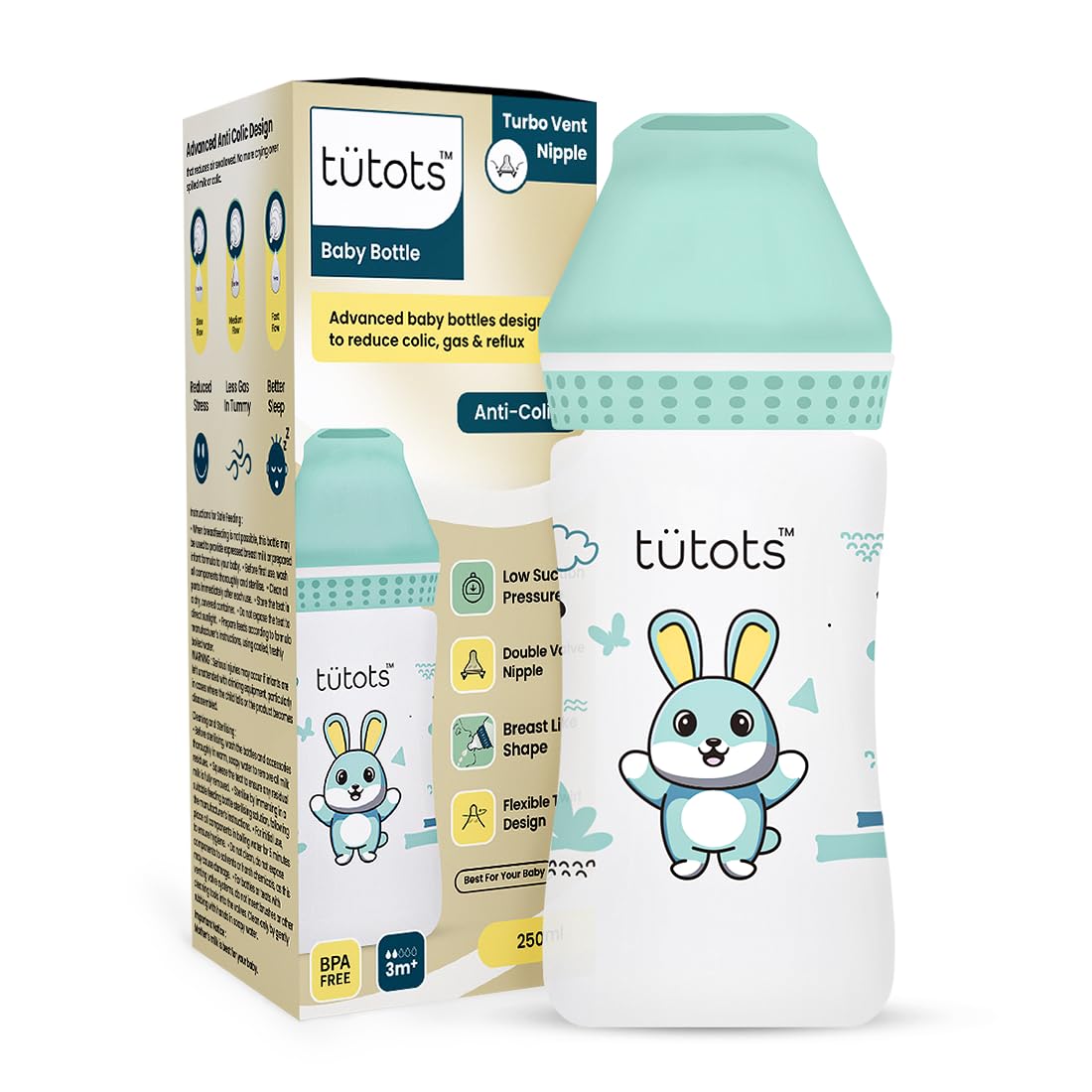 tuetots Baby Feeding Bottle | Instinct AntiColic Wide Neck| BPA Free | Baby Feeding Bottle with Turbo Vent Nipple - 250 ml (Green) (Green)