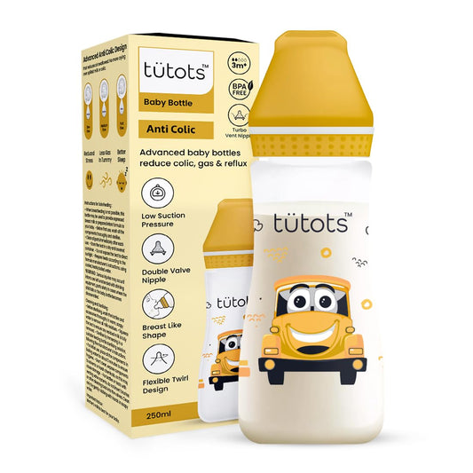 tuetots Baby Feeding Bottle | AntiColic Wide Neck| BPA Free | Baby Feeding Bottle with Turbo Vent Nipple - 250 ml (Yellow)