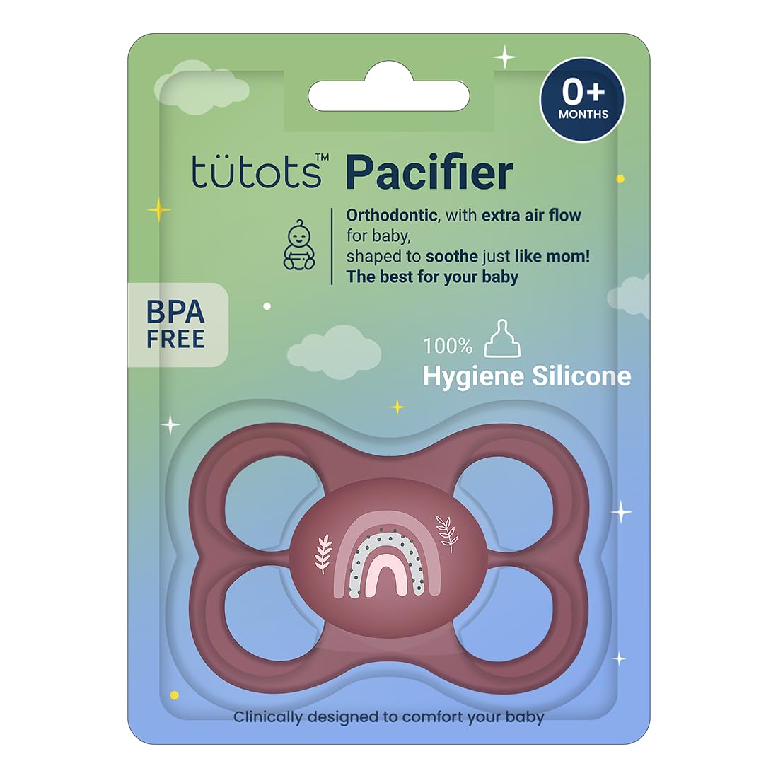 tuetots Baby Rainbow Pacifier Ultra Light Soft Silicone Nipple, Orthodontic Design, BPA-Free for Kids of 0+ Months +|Medium| Maroon