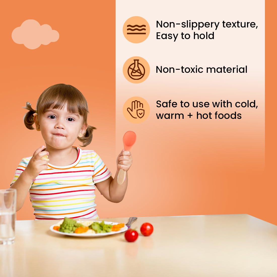 tütots Baby Spoon and Fork Set, Soft Silicone, Wooden Handle, BPA Free, Pack of 2 (Orange)